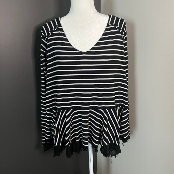 Free People Woman’s Black White Tangerine Striped Long Sleeve Tee Top- Size S - Picture 1 of 7